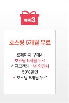 혜택3, 호스팅 6개월 무료, 홈페이지 구매시 호스팅 6개월 무료 신규 고객님 1년 연장시 50%할인, + 호스팅 6개월 무료