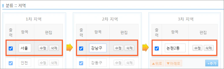 지역별 카테고리 설정 안내